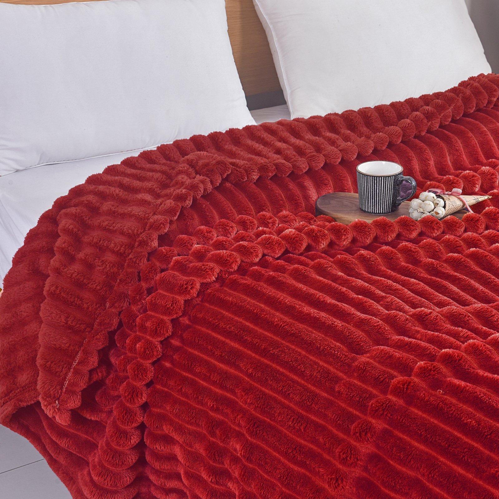 Κουβέρτα Μπορντό Flannel Fleece Ριγέ Ημίδιπλη 160x220 KLZ-46 - Image 3