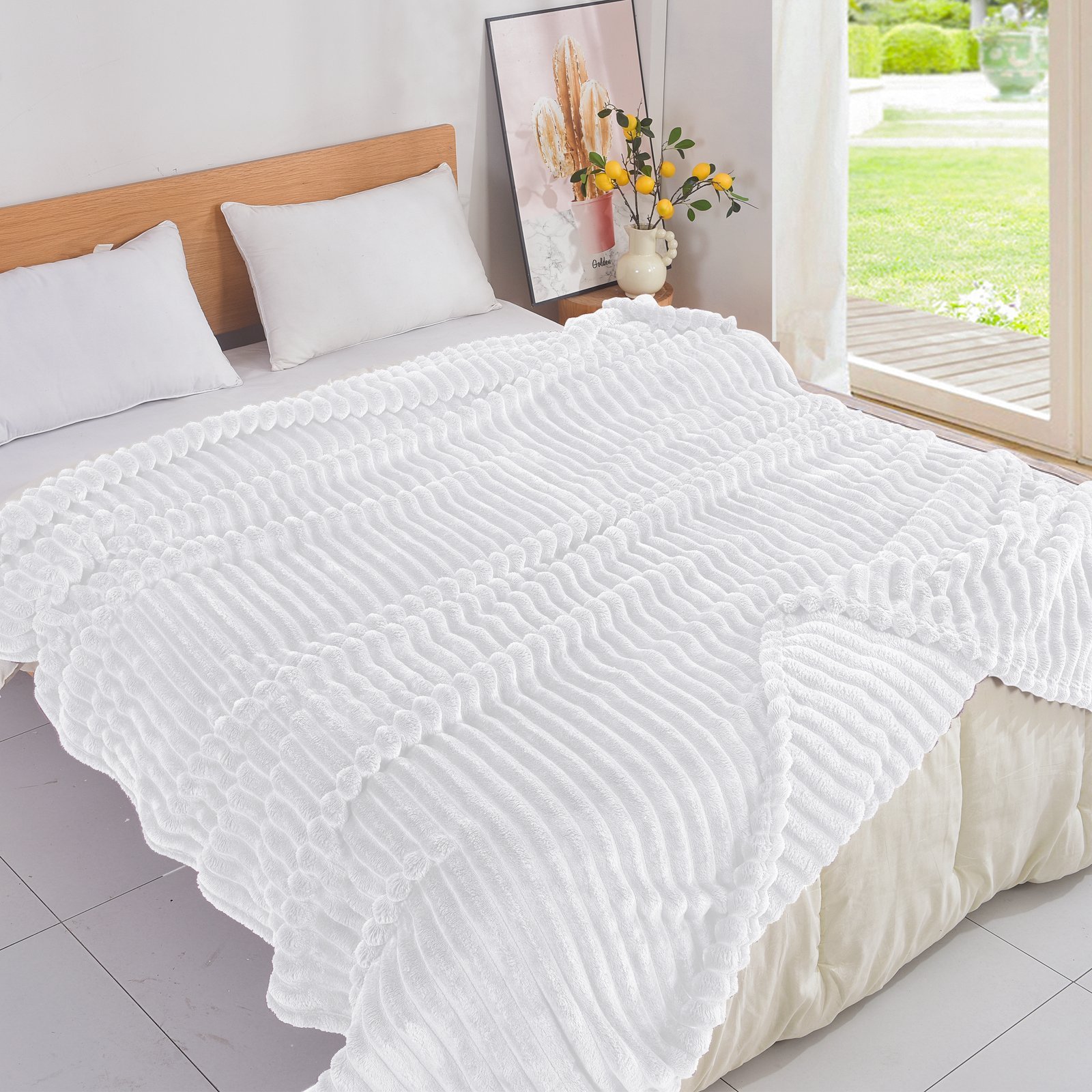 Κουβέρτα Λευκή Flannel Fleece Ριγέ Ημίδιπλη 160x220 KLZ-52