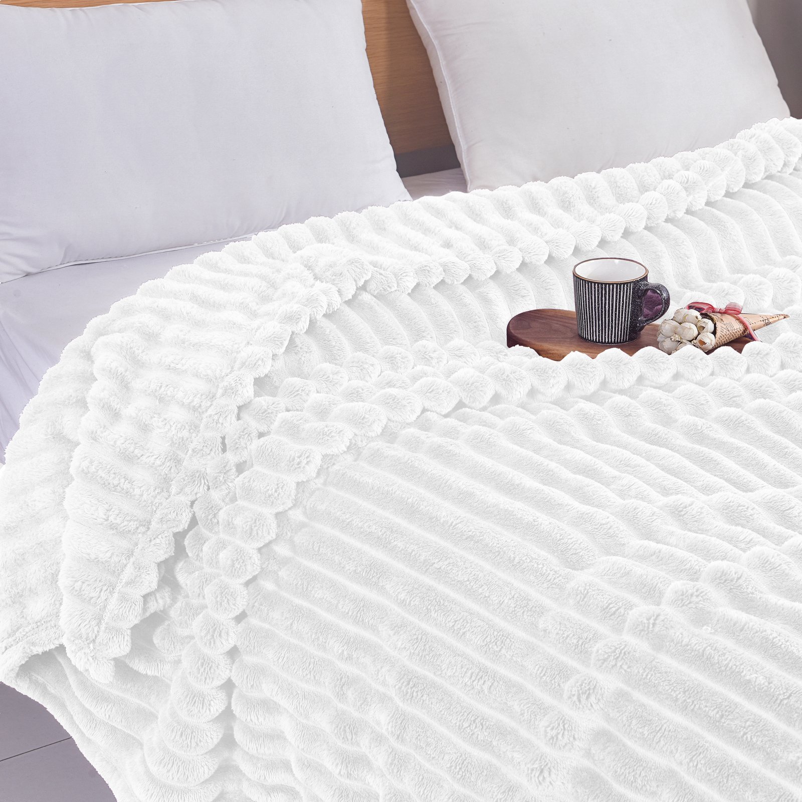 Κουβέρτα Λευκή Flannel Fleece Ριγέ Ημίδιπλη 160x220 KLZ-52 - Image 2