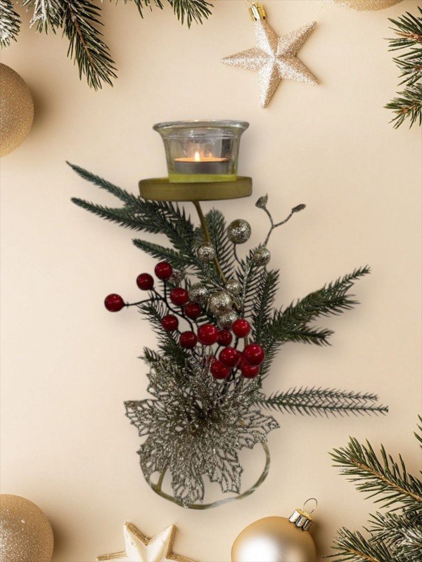 Χριστουγεννιάτικο Κηροπήγιο Τοίχο με Διακόσμηση Πεύκου και Κουκουνάρι KLZ-373